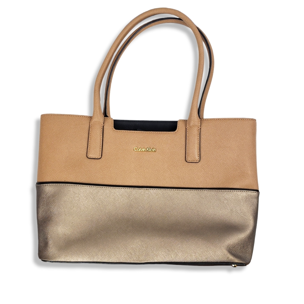 Calvin Klein Faux Leather Colorblock Bronze and Orange Tote Bag